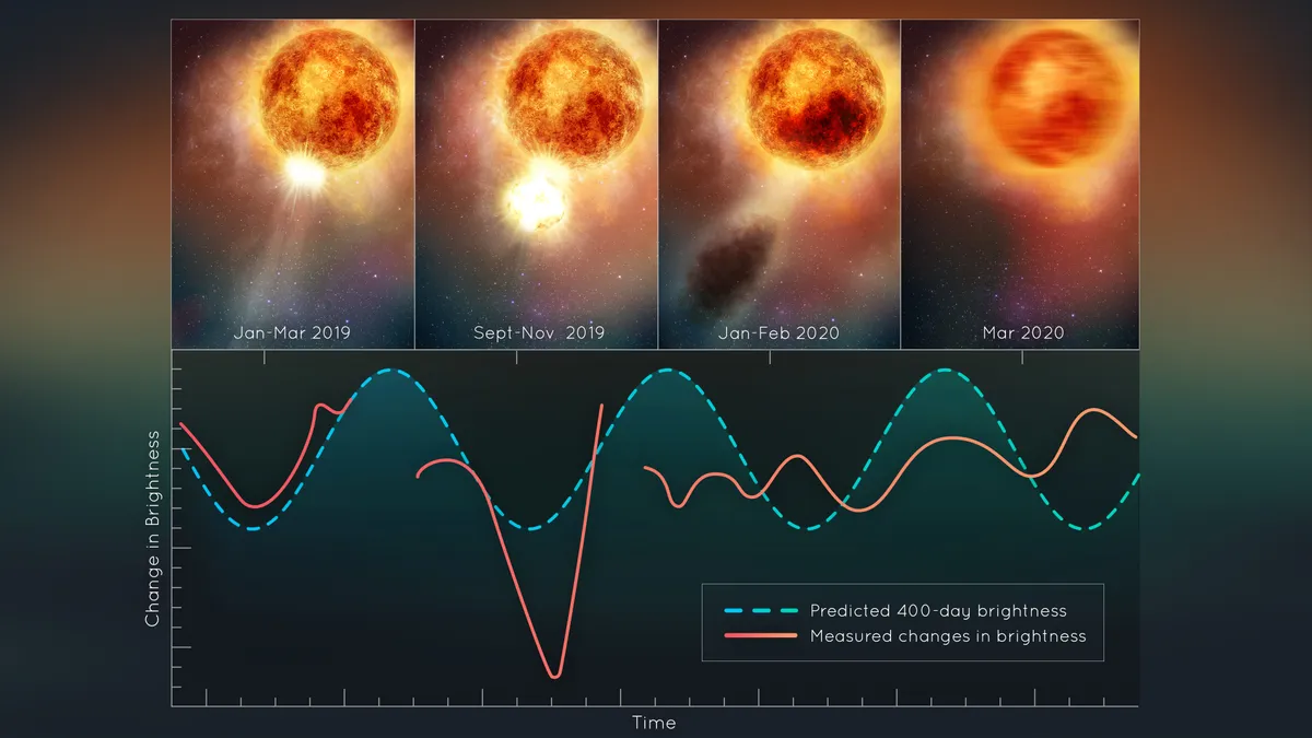 Four artist's illustrations of Betelgeuse from early 2019 to March 2020, above a chart comparing the predicted 400-day brightness cycle with the measured brightness dip