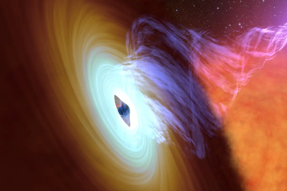Artist concept of a black hole at the center of a bright swirling disk of glowing gas, with a jet of hot plasma shooting away into a starry sky
