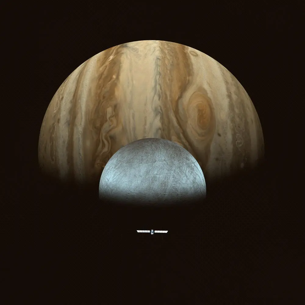 Artist's concept of Europa Clipper as a tiny spacecraft below the cracked, pale disk of Europa, which sits in front of Jupiter's tan and brown cloud bands
