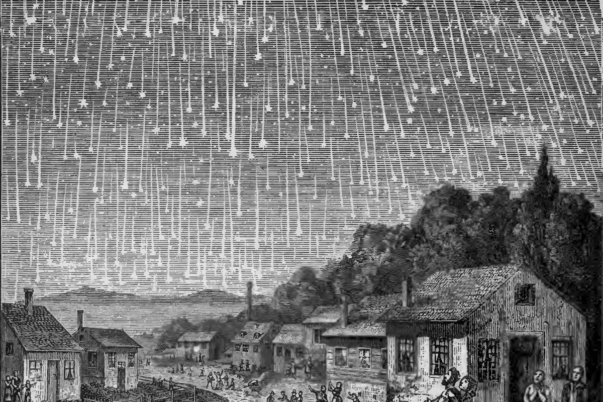 Engraving of the 1833 Leonid meteor storm, with streaks of light filling the sky above a village