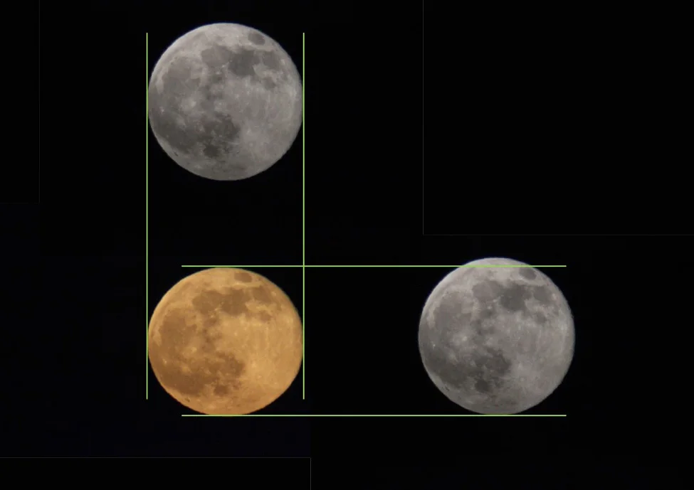 Three photos of the Moon: a gray high Moon, an orange low Moon and a second gray high Moon, with green lines showing the low Moon has the same width but is slightly flattened