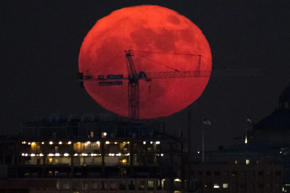 A huge red-orange full Moon rising behind a construction crane and city buildings in Washington at night